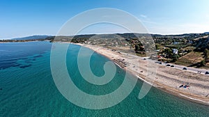 Sithonia Chalkidiki, Greece. Ormos Panagias bay, sandy beach and calm ocean aerial drone view