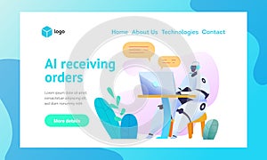 Sits at computer with microphone, answers orders