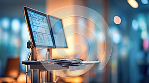 Sitstand electronic records workstation captured midadjustment dual monitors glowing clearly with login data background