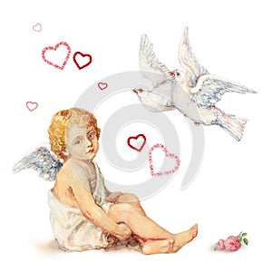 Sitting angel, doves and roses hearts