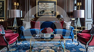 The sitting area boasts a lavish velvet sofa in a rich sapphire blue paired with coordinating armchairs in a deep ruby