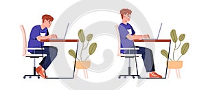 Sitting in bad and good postures at computer desk. Right correct vs wrong incorrect positions in chair. Healthy and