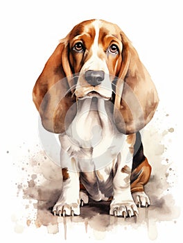 Sitting Basset Hound with Droopy Eyes Watercolor Illustration AI Generated