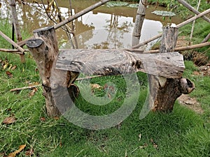 A sitting bench made wood in the gardene