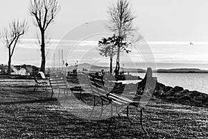 Sitting benches near a lake shore