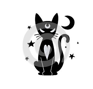 Sitting black cat, silhouette isolated on white background. Witch symbol, elements for halloween and witchcraft. Simple