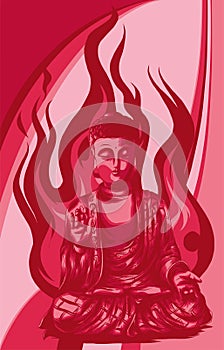 Sitting Buddha over colorful background. Vector illustration.