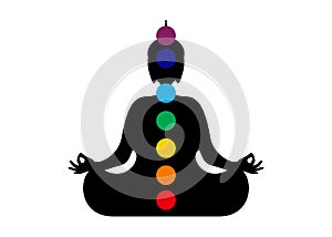 Sitting Buddha silhouette in meditation with chakras. Seven chakras, energy body and Yogi meditating in the lotus position