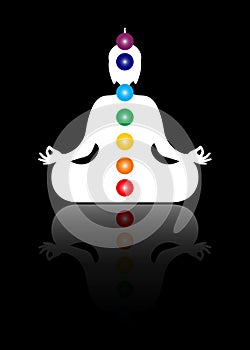 Sitting Buddha silhouette in meditation with chakras. Seven chakras, energy body and Yogi meditating in the lotus position