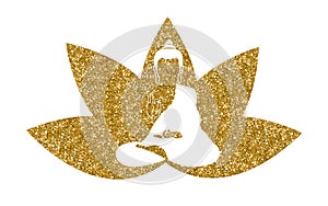 Sitting Buddha silhouette over goldenand glitter lotus flower