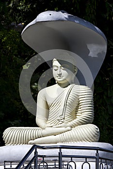 A sitting Buddha statue with a cobra umbrella located on a hill above Kandy in Sri Lanka.