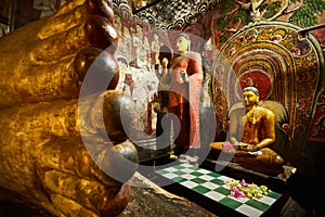 Sitting Buddha, statue in Dambulla cave temple. UNESCO Golden Temple of Dambulla, beautiful sacred place in Sri Lanka. Very