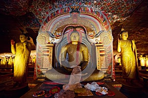 Sitting Buddha, statue in Dambulla cave temple. UNESCO Golden Temple of Dambulla, beautiful sacred place in Sri Lanka. Very