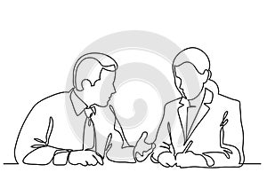 Sitting businessman and business woman discussing work process - continuous line drawing