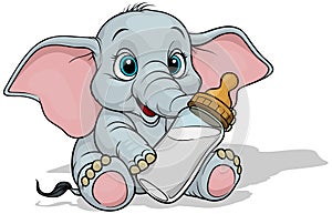 Sitting Cartoon Baby Elephant with Baby Bottle