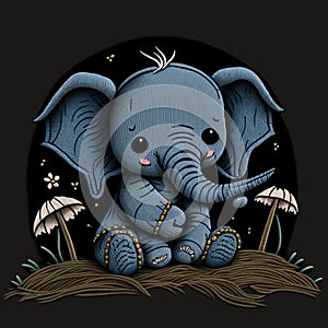 Sitting cartoon blue elefant. Embroidery textured colorful little elefant with mushrooms. Tapestry embroidered elefant. Vector