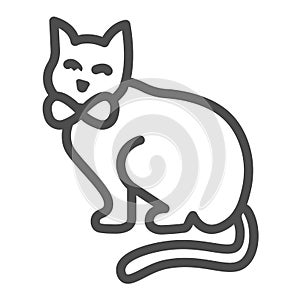 Sitting cat with bow, kitty line icon, pets concept, kitten sits vector sign on white background, outline style icon for