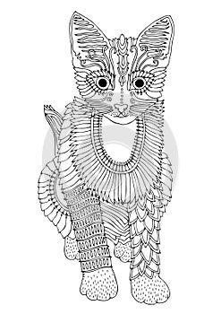 Sitting cat in Egyptian style, adult coloring page