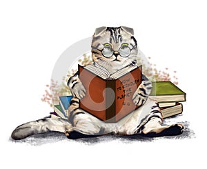Sitting cat reading a book about how to conquer the world. Watercolor painting