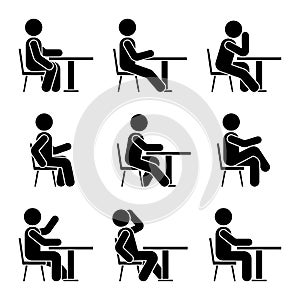 Sitting on chair at desk stick figure man poses pictogram vector icon set. Boy silhouette seated happy, comfy, sad, tired sign