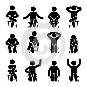 Sitting on chair stick figure man different poses pictogram vector icon set. Boy silhouette seated happy, comfy, sad, tired sign