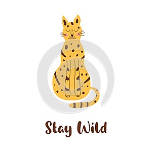 Sitting cheetah isolated animal. Sitting wild cat. Stay wild naive art graphic element. Cute leopard.