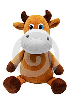 Sitting cow soft toy isolated on white background. Isolate.