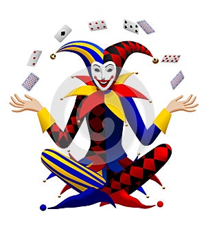 Sitting cross-legged Joker juggles with playing cards isolated on white