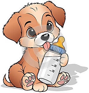 Sitting Cute Puppy with Baby Bottle