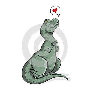 Sitting cute tyrannosaur rex with speech bubble and hearts. Hand drawn illustration of t-rex in cartoons style. Dino tyrannosaurus