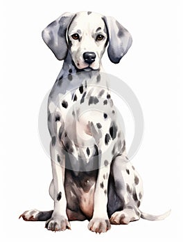 Sitting Dalmatian with Distinctive Spots: Watercolor Art on White Background AI Generated