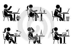 Sitting at desk office stick figure business man and woman side view poses pictogram silhouette vector icon work set