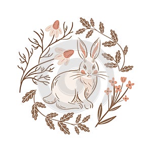 Sitting Easter bunny. Vintage blooming daisies, oak leaves, round frame. Stylized retro illustration. Boho, rustic style