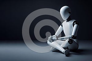Sitting on the floor, thinking robot. Space for text.