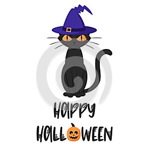Sitting frowning black cat in a magic hat. Font text - Happy Halloween. A postcard with typescript lettering. Flat cartoon vector
