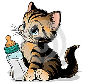 Sitting Kitten with Baby Bottle