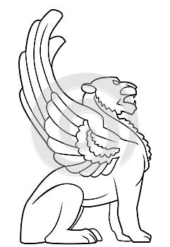 Sitting Lion Wing Statue Black And White Illustration