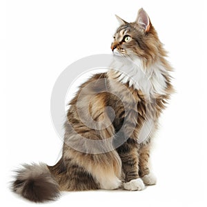 Sitting long haired cat looking aside. Full body portrait on white background