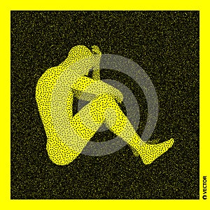 Sitting man. 3D Human Body Model. Black and yellow grainy design. Stippled vector illustration