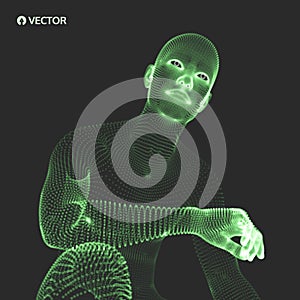 Sitting man. 3D model of man. Business, science, psychology or philosophy Vector illustration