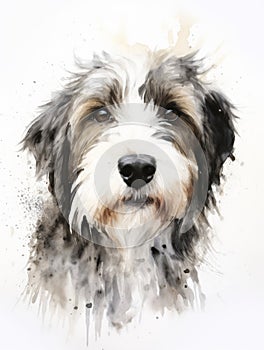 Sitting Polish Lowland Sheepdog with a Shaggy Expressive Face in Water AI Generated