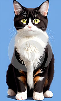 A sitting portrait of a black and white cat on a blue background