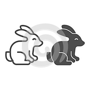 Sitting rabbit line and solid icon, Happy Easter concept, bunny silhouette sign on white background, Easter rabbit icon