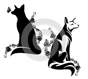 Sitting among rose flowers fox black and white vector outline and silhouette