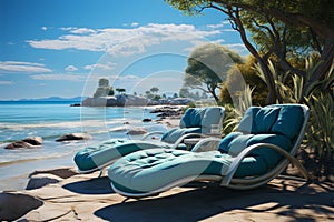 Sitting by the sea Chaise lounges invite beach enthusiasts to unwind and enjoy