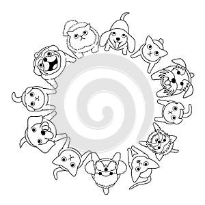 Sitting small dogs and cats looking up circle