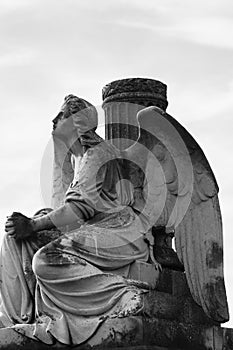 Sitting stone angel statue on historic cemetery