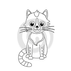 Sitting tabby kitty. Coloring page. Black and white cat, kitten. Vector