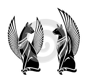 Sitting winged cats with ancient egypt style decor black vector outlines