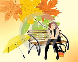 Sitting woman with umbrella on the wooden bench